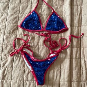 Sequin red and blue bikini by Doll Swimwear // size medium